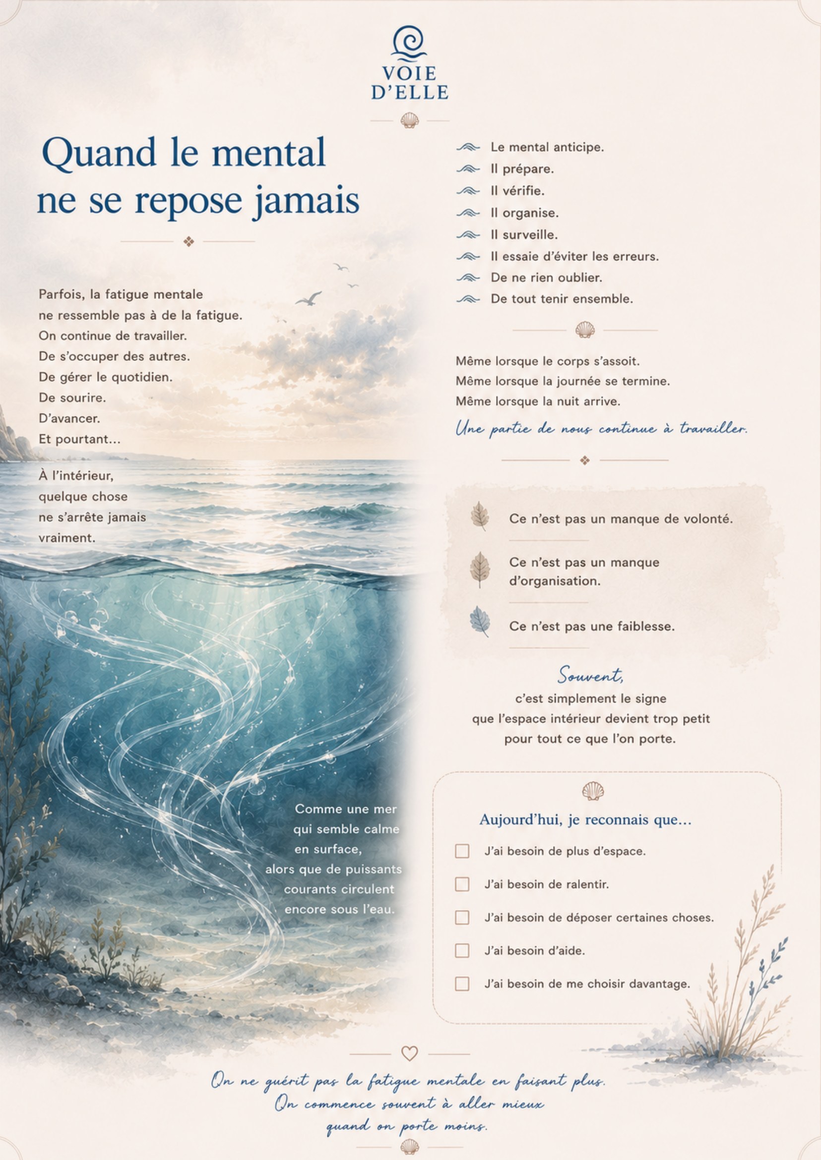 Aperçu du carnet Fatigue mentale — Quand le mental ne se repose jamais, page d'écriture illustrée