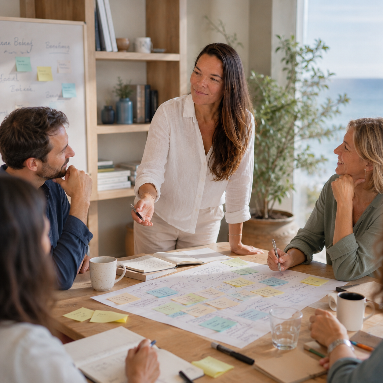 Frédérique, fondatrice de Voie d'Elle, anime un atelier collaboratif en entreprise autour d'une table couverte d'une fresque et de post-it, face à une équipe de quatre personnes