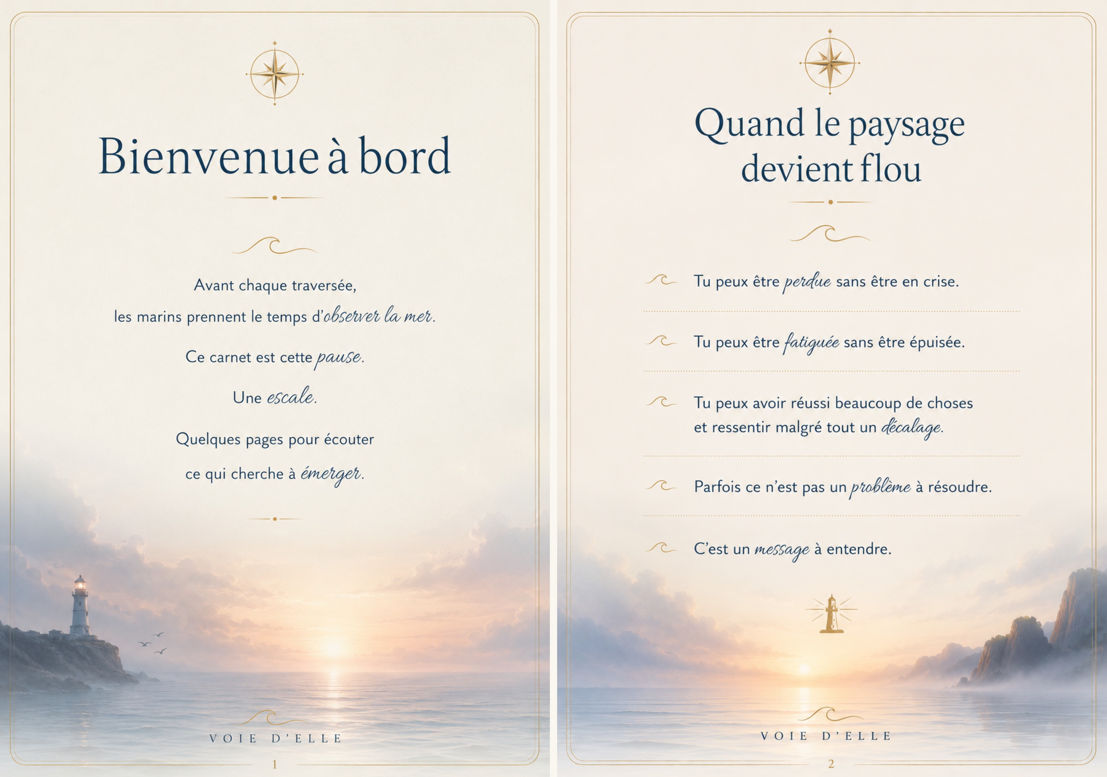 Deux pages du carnet Première Escale : Bienvenue à bord et Quand le paysage devient flou